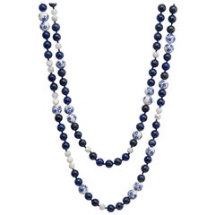 Sterling Silver, Lapis Lazuli, Mother of Pearl and Porcelain Bead Necklace