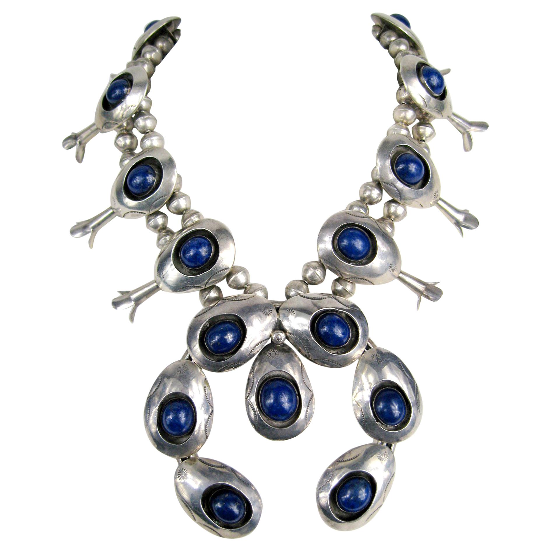 Sterling Silver Lapis Squash Blossom Necklace Navajo  Native American