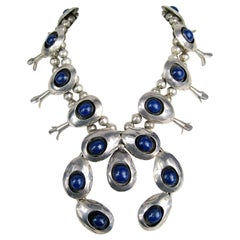 Sterling Silber Lapis Lapislazuli Squash Blossom Halskette Navajo  Amerikanischer Ureinwohner