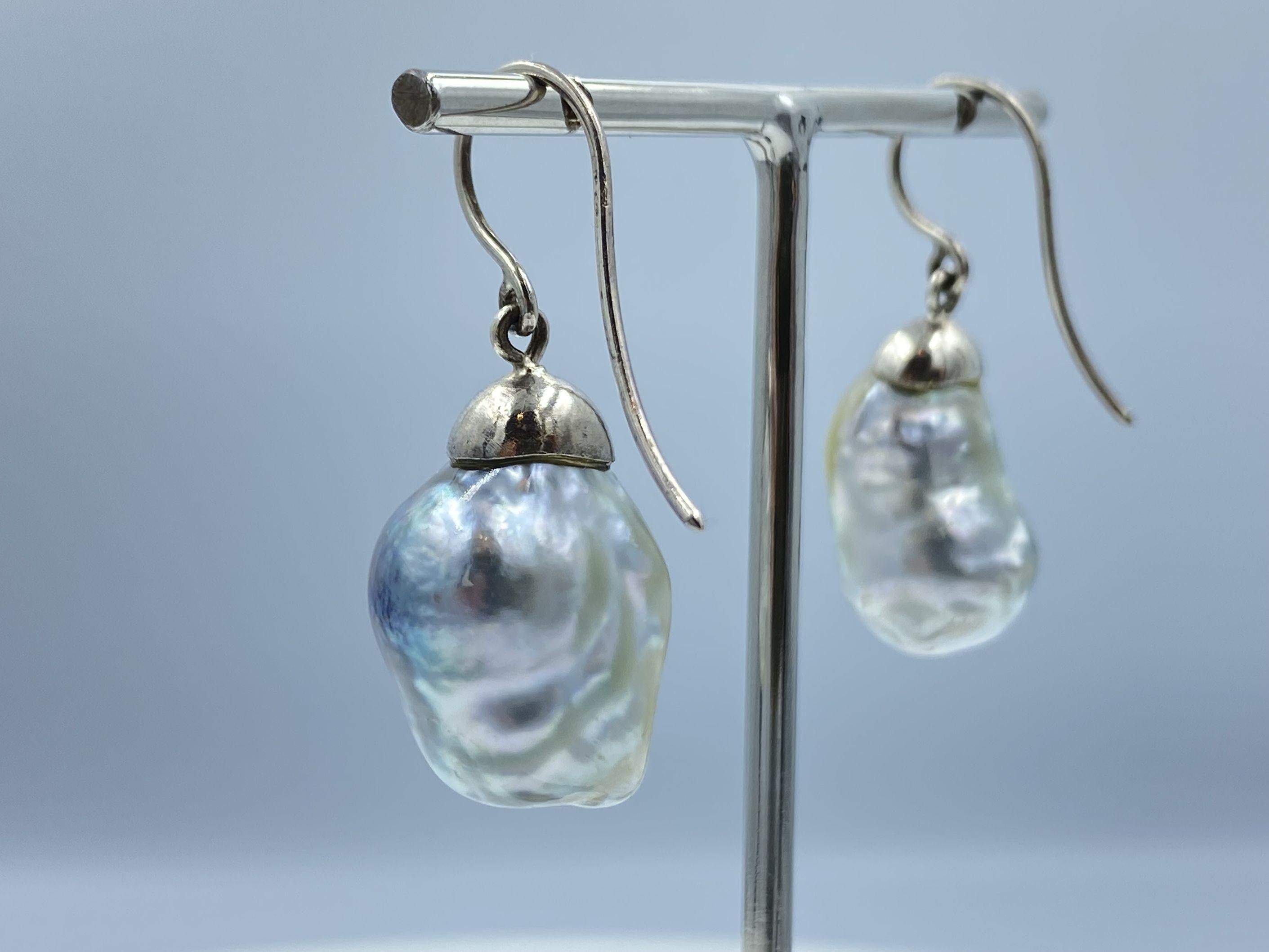 Sterling Silver Large Baroque South Sea Pearl Drop Earring For Sale 5