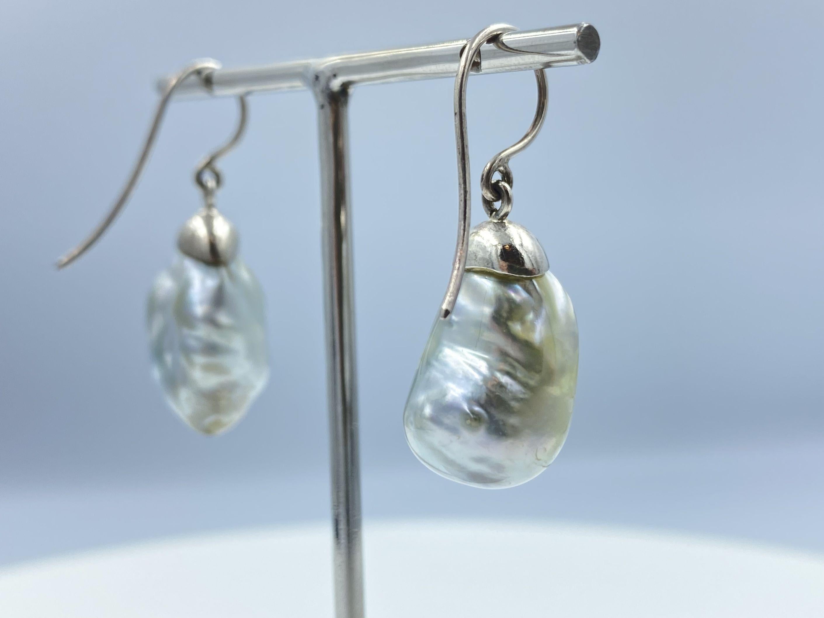 Sterling Silver Large Baroque South Sea Pearl Drop Earring For Sale 1