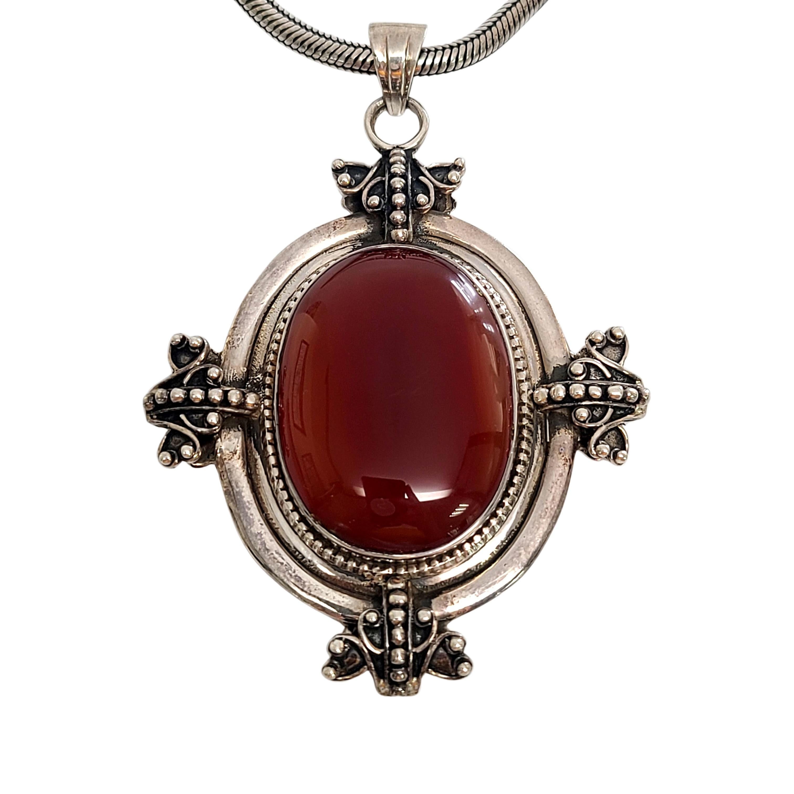 Cabochon Sterling Silver Large Carnelian Pendant Snake Chain Necklace