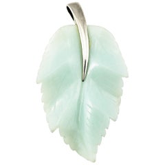 Vintage Sterling Silver Large Jade Leaf Pendant