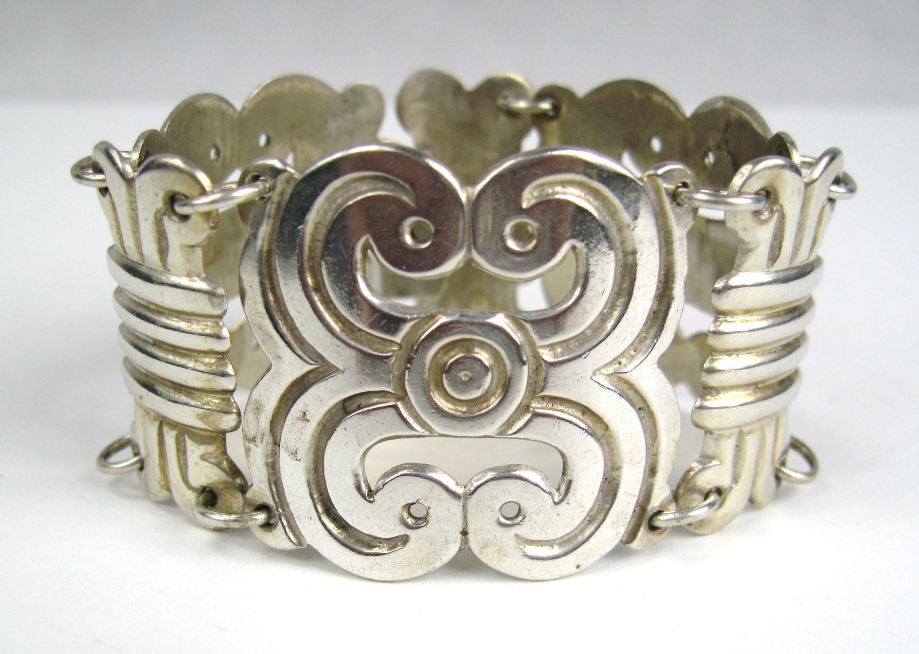 Artisan Sterling Silver Large Mexican Paneled Bracelet 1960s  For Sale