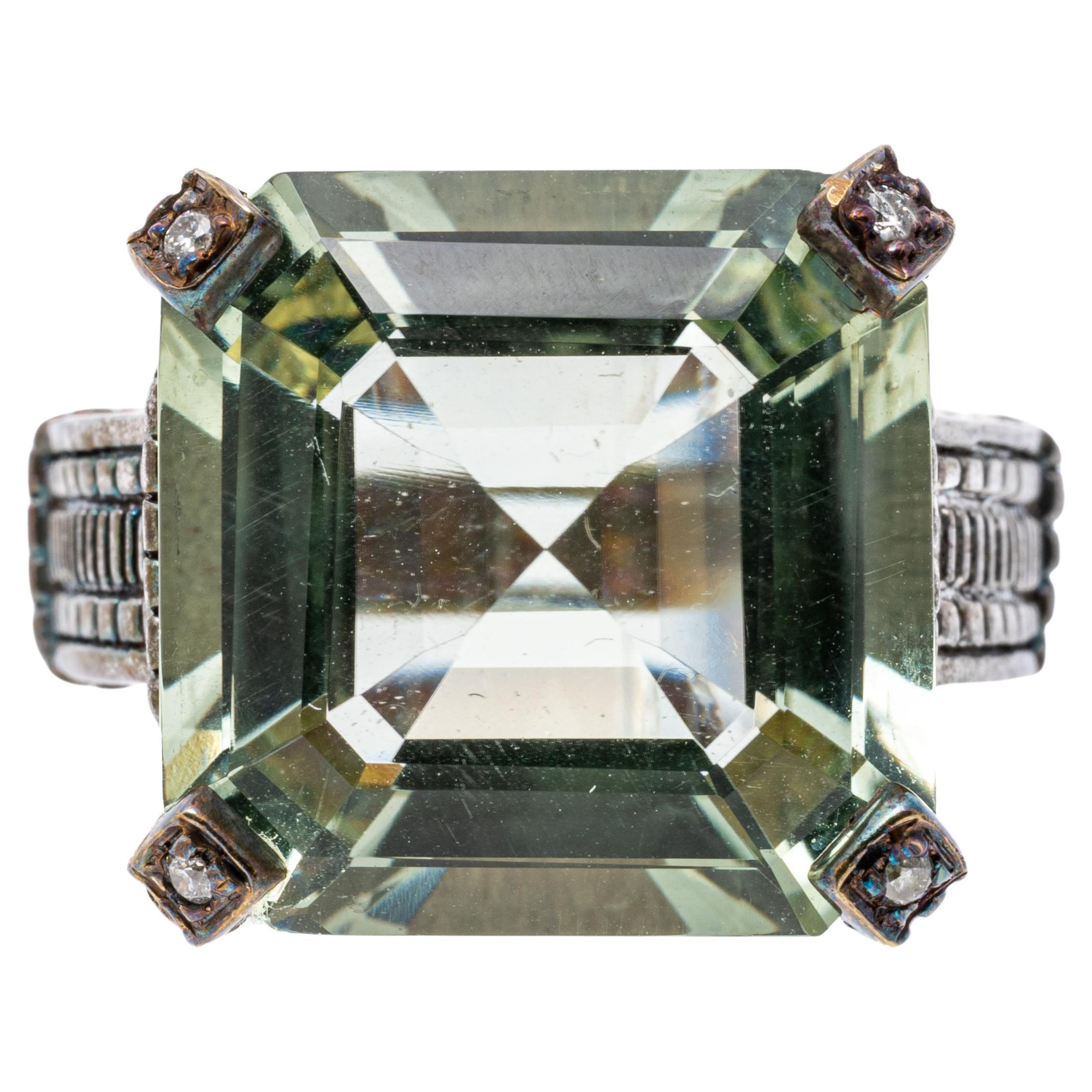 Sterling Silver Large Square Faceted Green Prasiolite and Diamond Ring For Sale