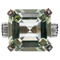 Sterling Silver Large Square Faceted Green Prasiolite and Diamond Ring