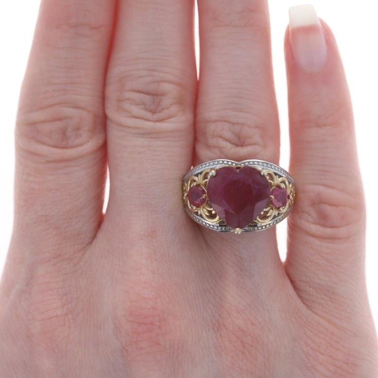 Sterling Silver Lead Glass Filled Ruby Ring 925 Gold Plated Heart For