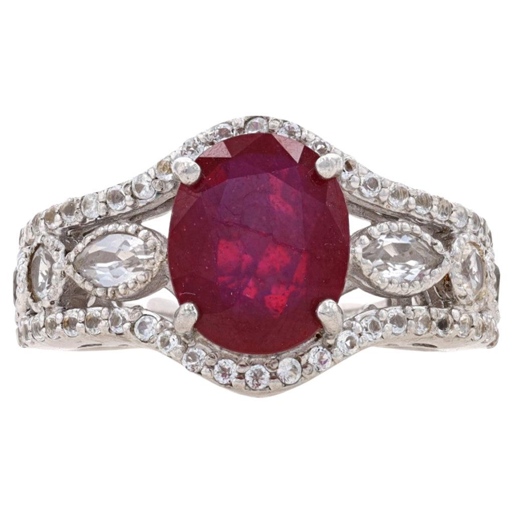 Sterling Silver Lead Glass Filled Ruby & White Topaz Ring 925 Oval Milgrain For Sale