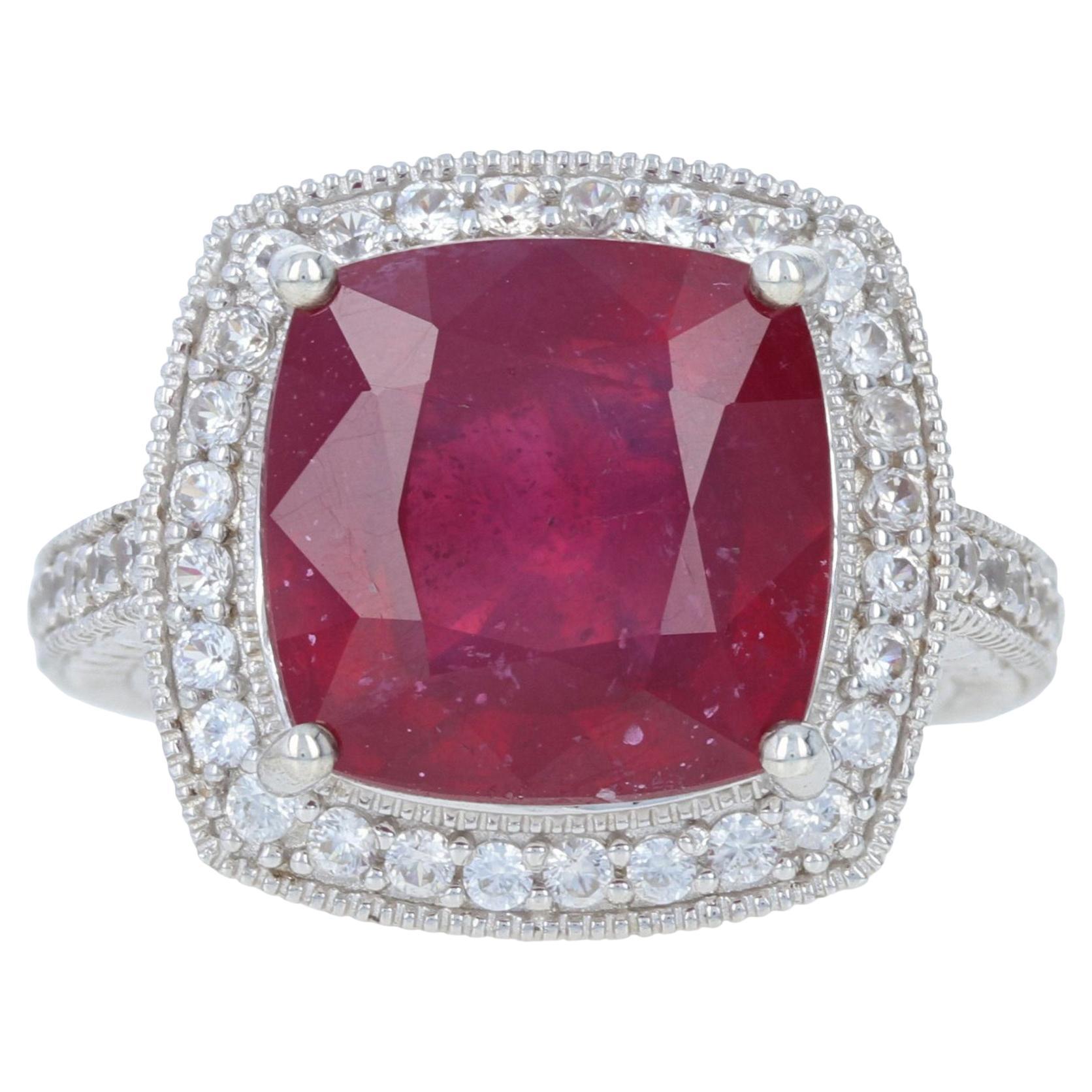 Sterling Silver Lead Glass Filled Ruby & Zircon Ring, 925 11.10ctw Halo