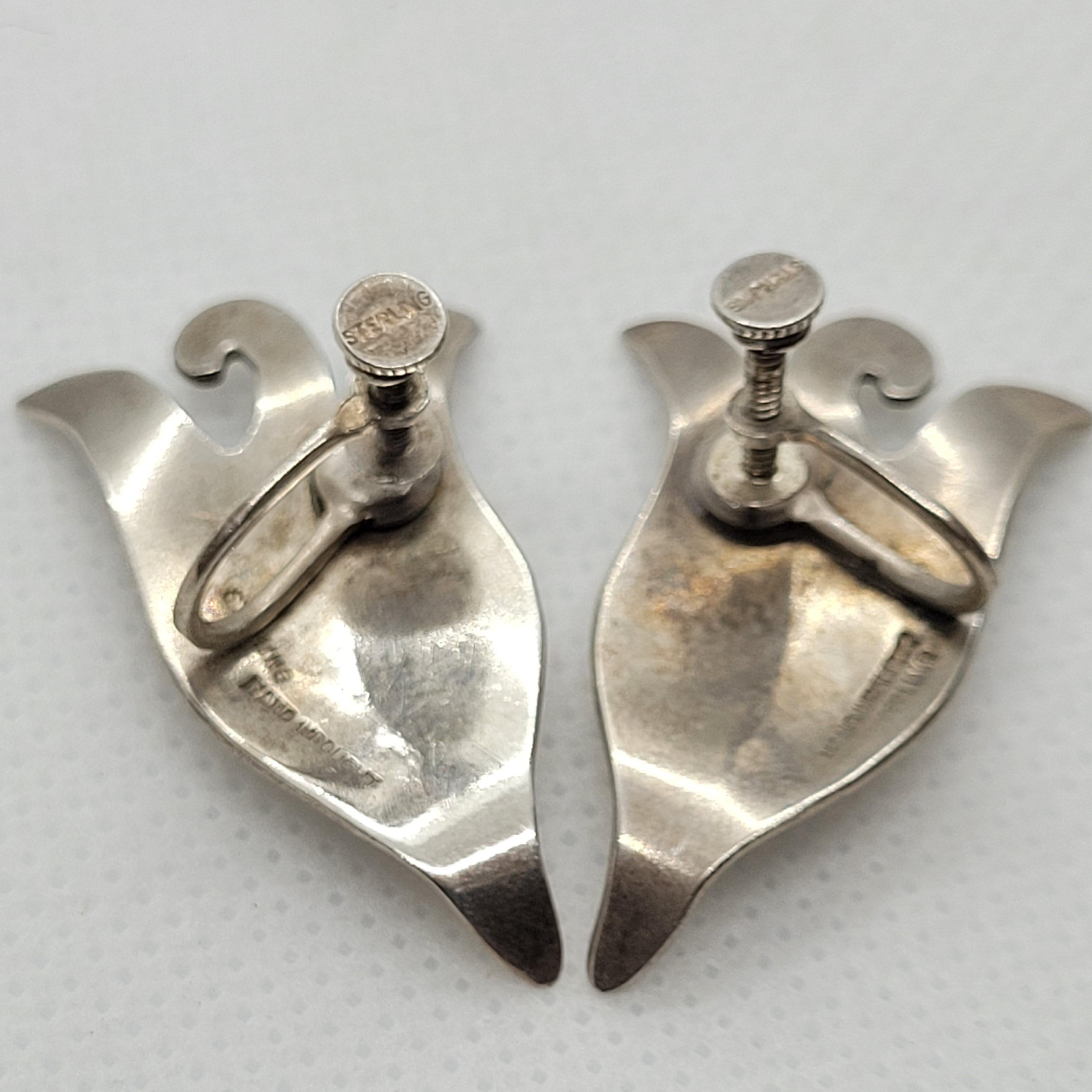 Sterling Silver Leaf Earrings Pin Brooch Set, Handwrought, Screw Post, Vintage For Sale 1
