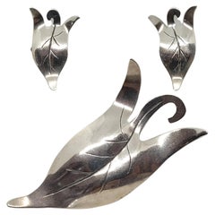 Sterling Silver Leaf Earrings Pin Brooch Set, Handwrought, Screw Post, Vintage