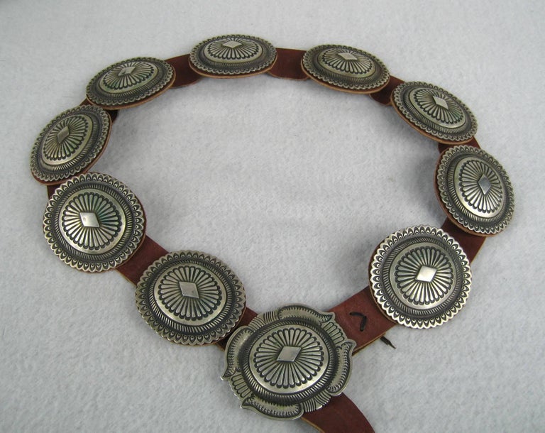 Sterling Silver Leather Navajo Concho Belt OLD PAWN Native American For ...