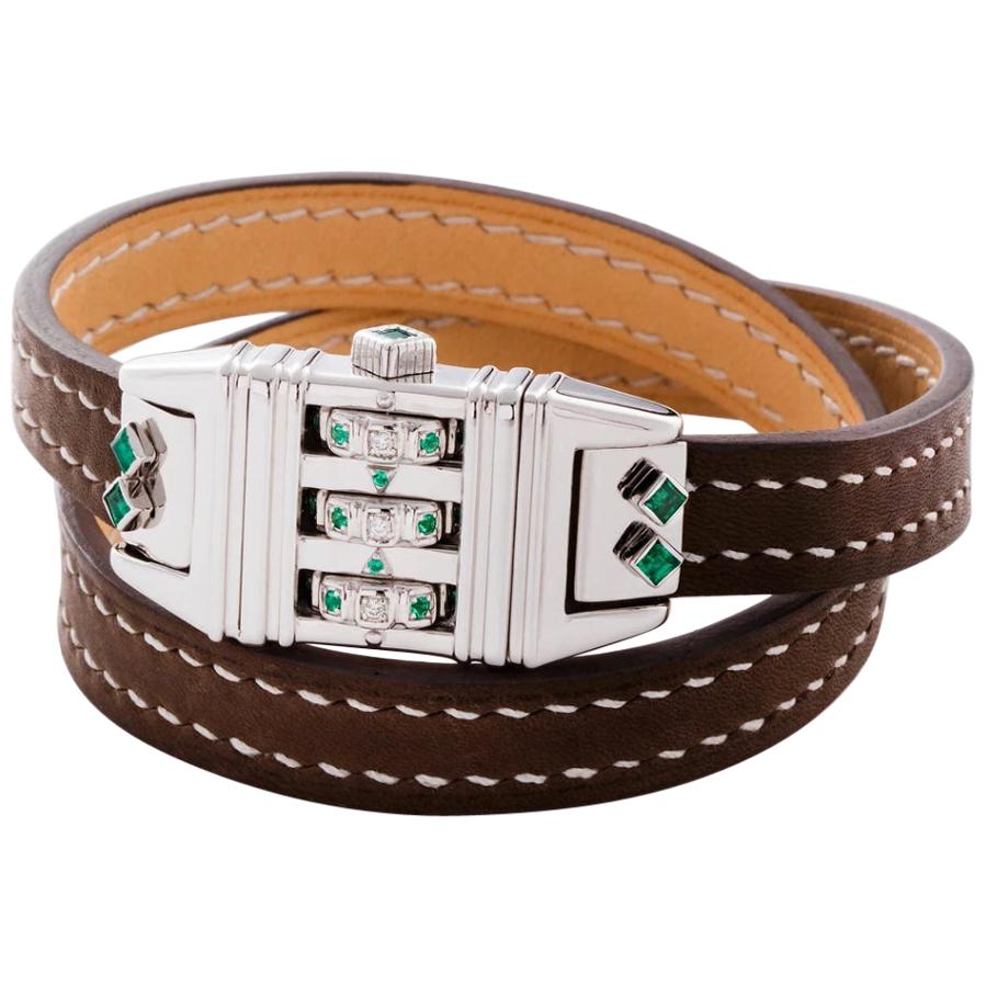 Sterling Silver Leather Wrap Emerald Diamond Code Bracelet