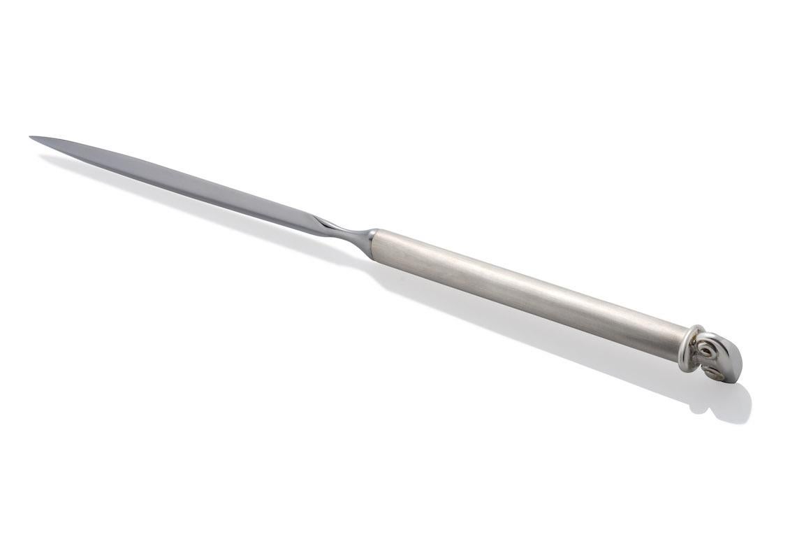 Ionic Sterling Silver Letter Opener with a Sheffield Stainless Steel blade and a decorative Ionic finial will make opening a letter no ordinary experience.  
The feel of the weight and the perfect balance of this Letter opener will feel luxurious in