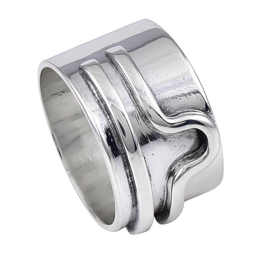 Wide sterling silver band ring, with an applied 