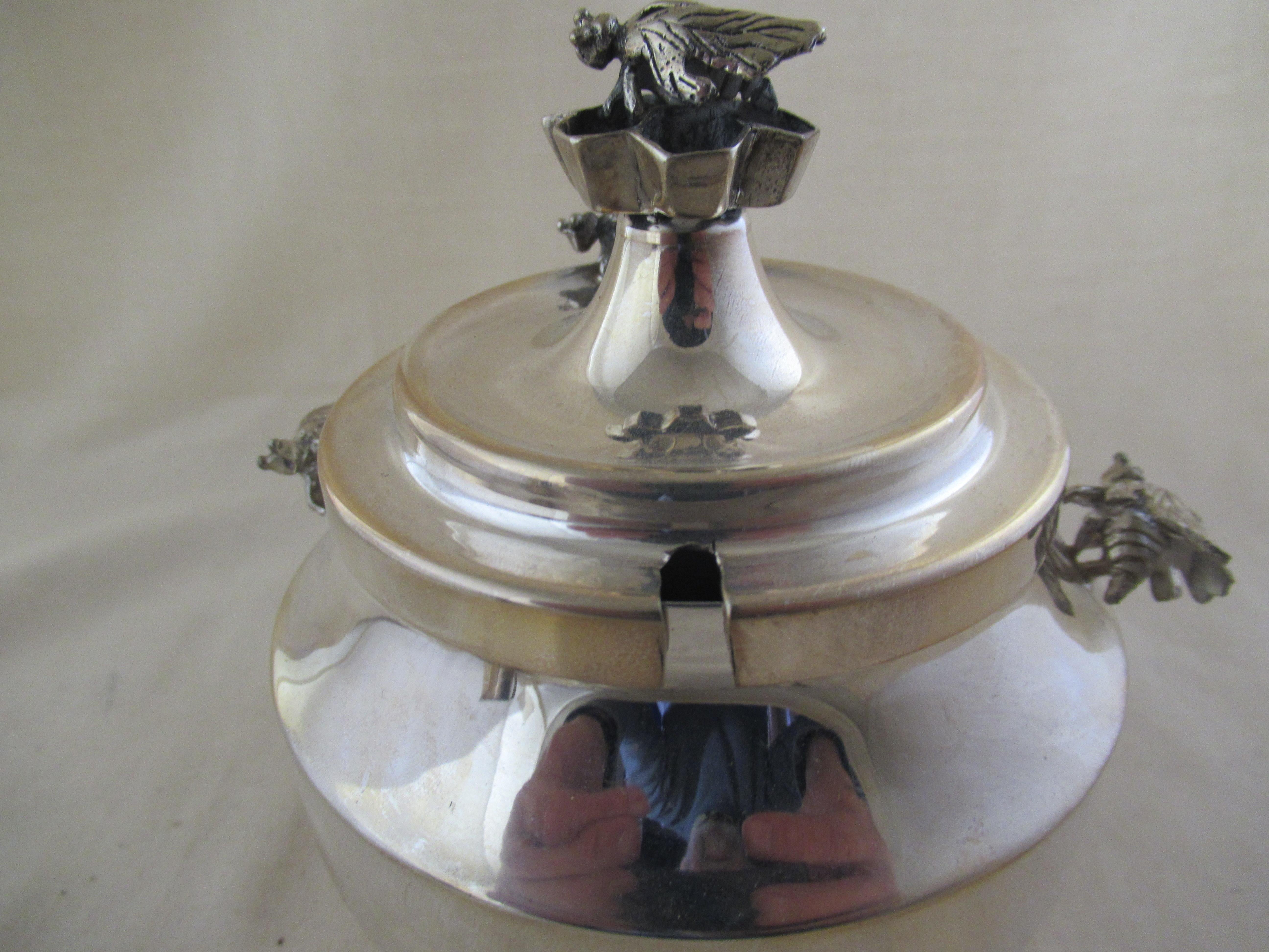 Art Deco Sterling Silver Lidded Honey Pot & Liner with 4 Bees, Made in Israel For Sale