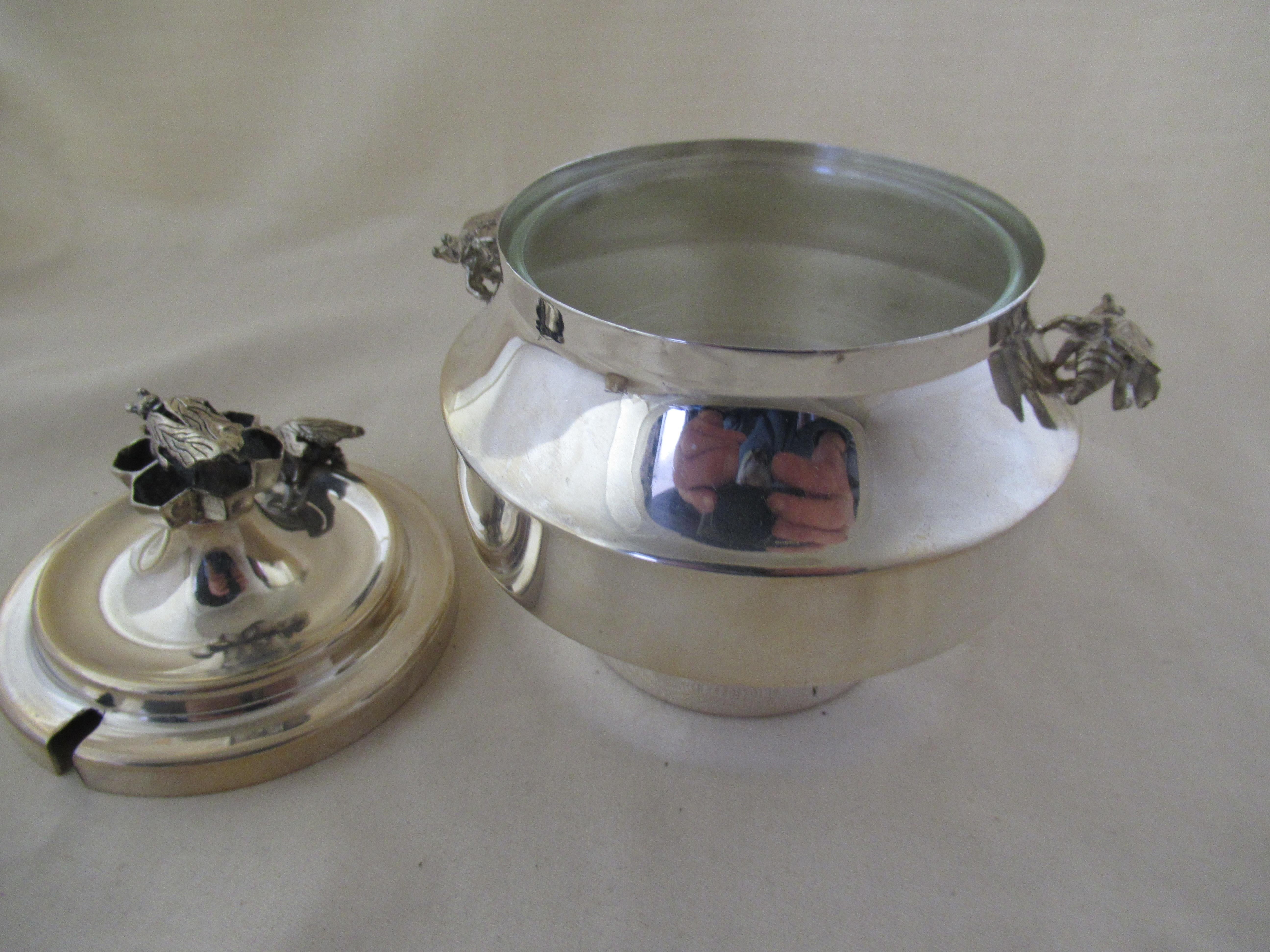Israeli Sterling Silver Lidded Honey Pot & Liner with 4 Bees, Made in Israel For Sale
