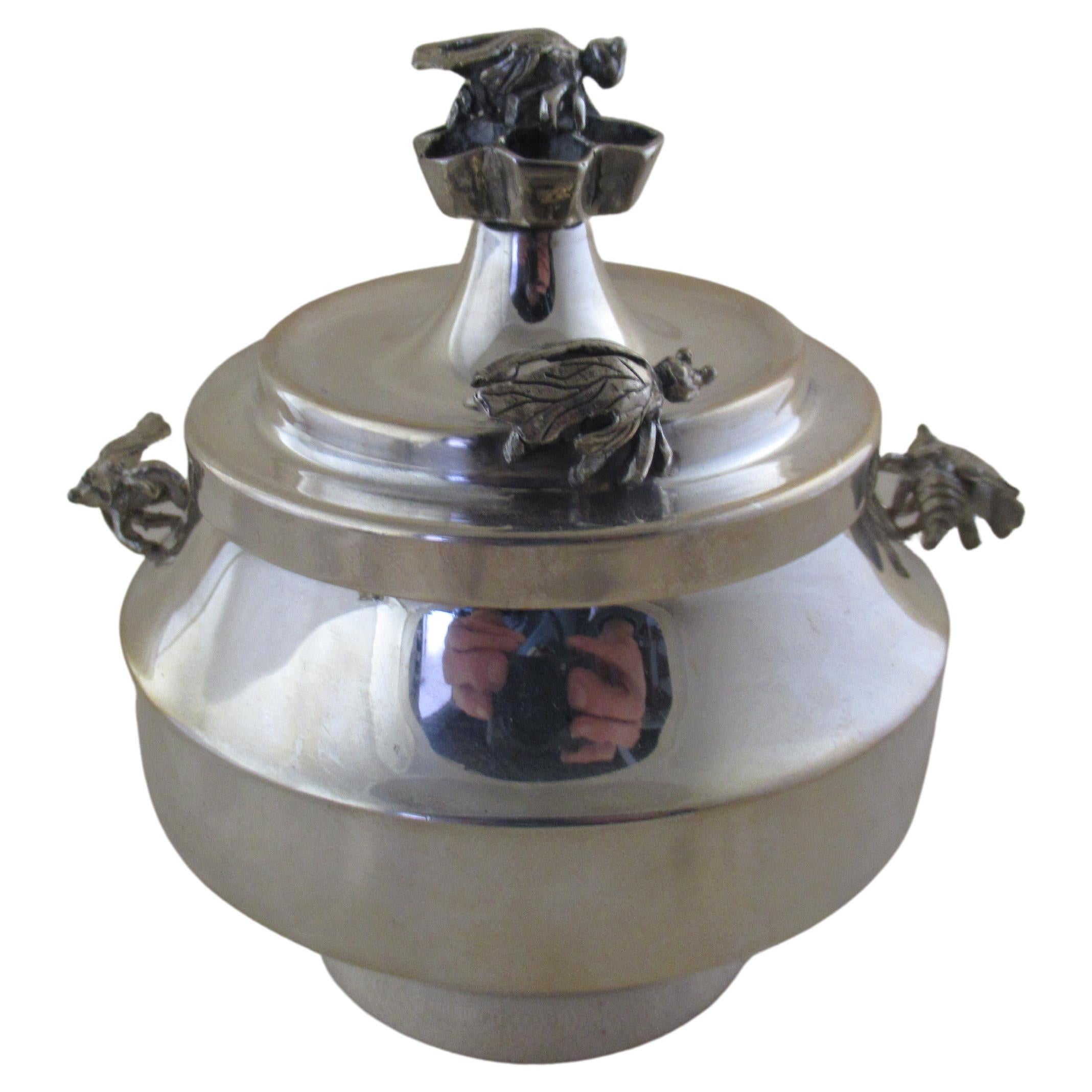 Sterling Silver Lidded Honey Pot & Liner with 4 Bees, Made in Israel