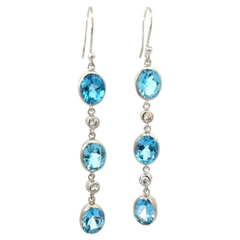 Orecchini Pendenti Lunghi In Argento Sterling Con Topazio Blu E Zirconie - 6 Cm