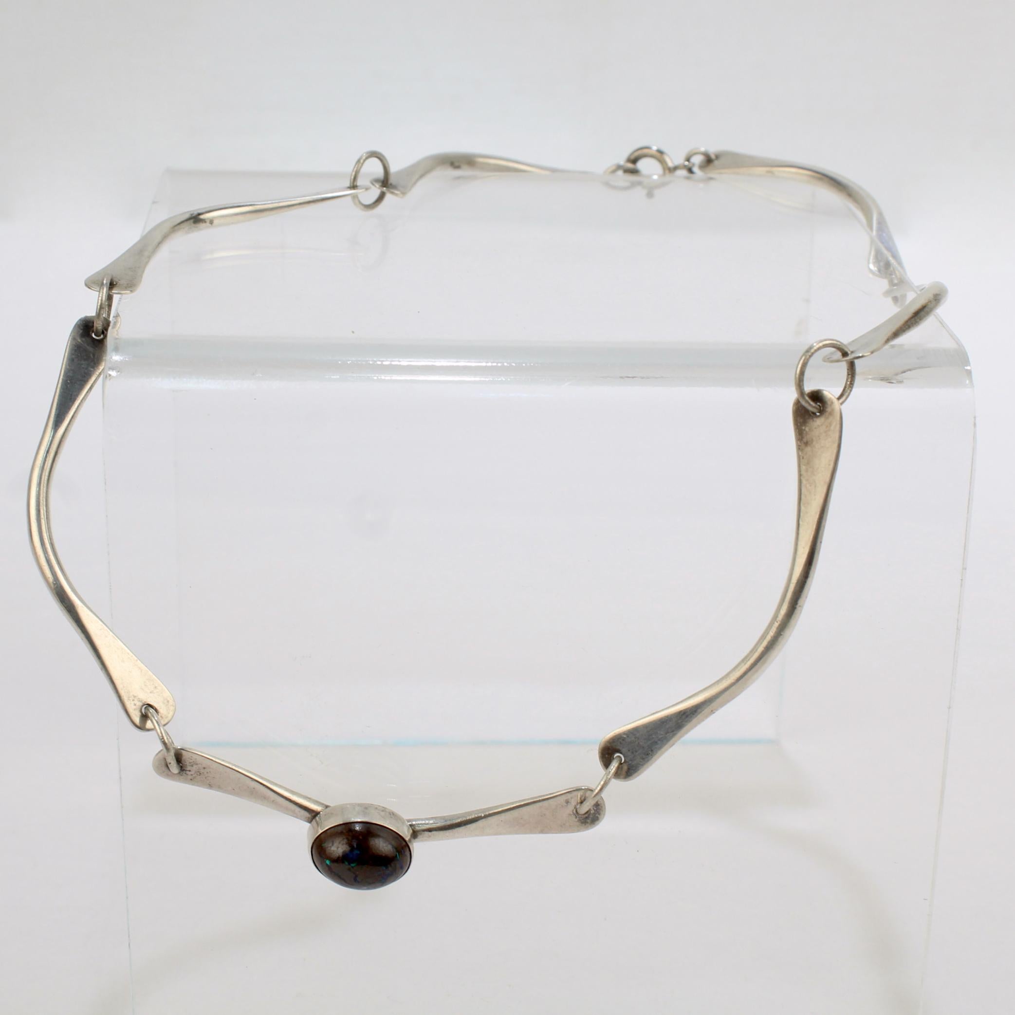 Artisan Sterling Silver Link & Black Matrix Opal Choker Necklace For Sale