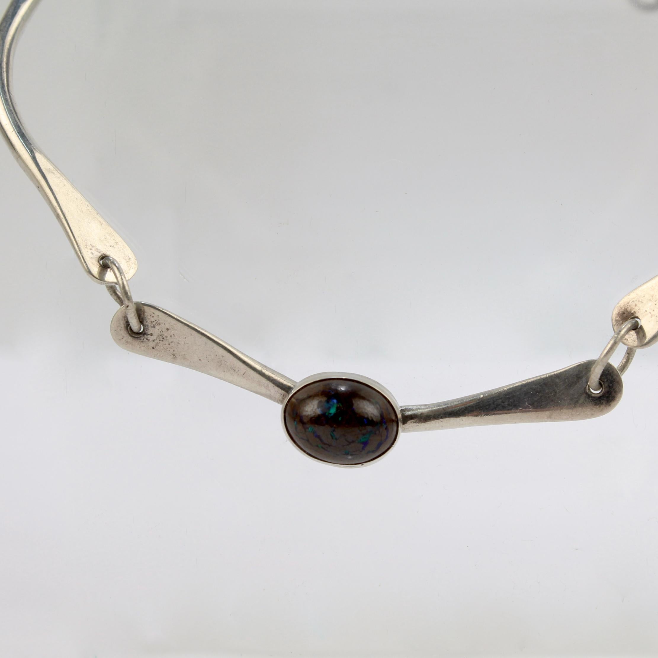Sterling Silver Link & Black Matrix Opal Choker Necklace In Good Condition For Sale In Philadelphia, PA