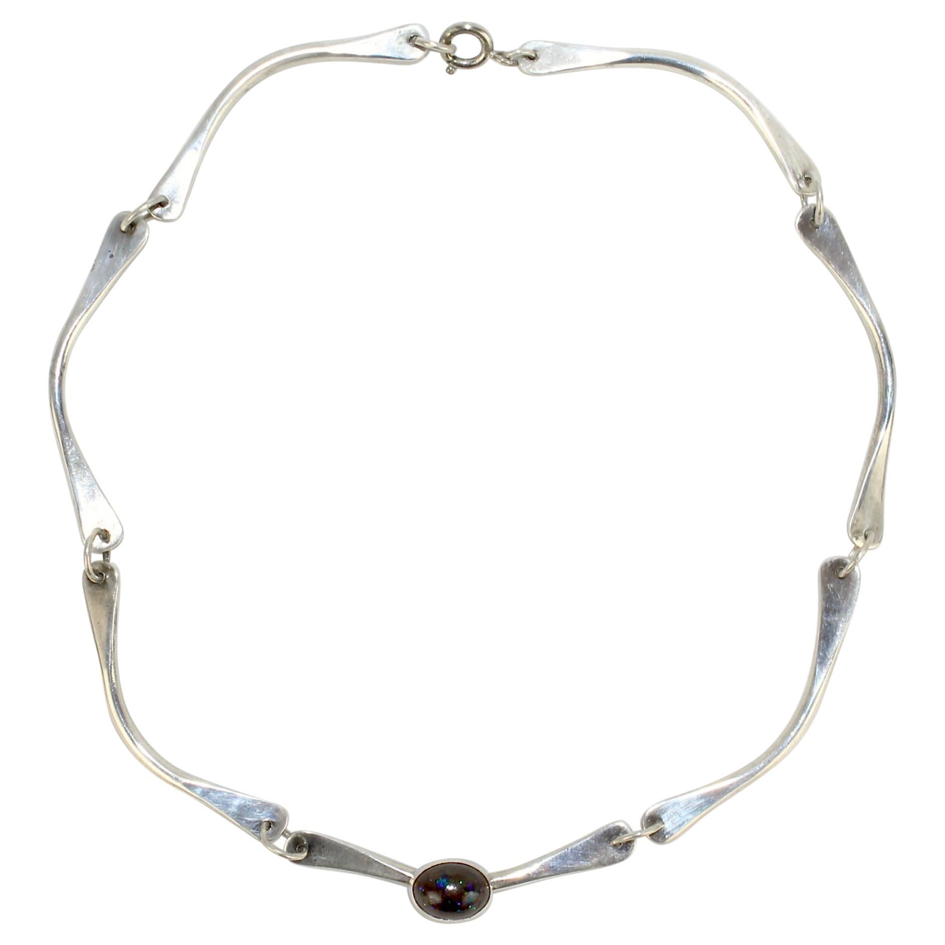 Sterling Silver Link & Black Matrix Opal Choker Necklace For Sale