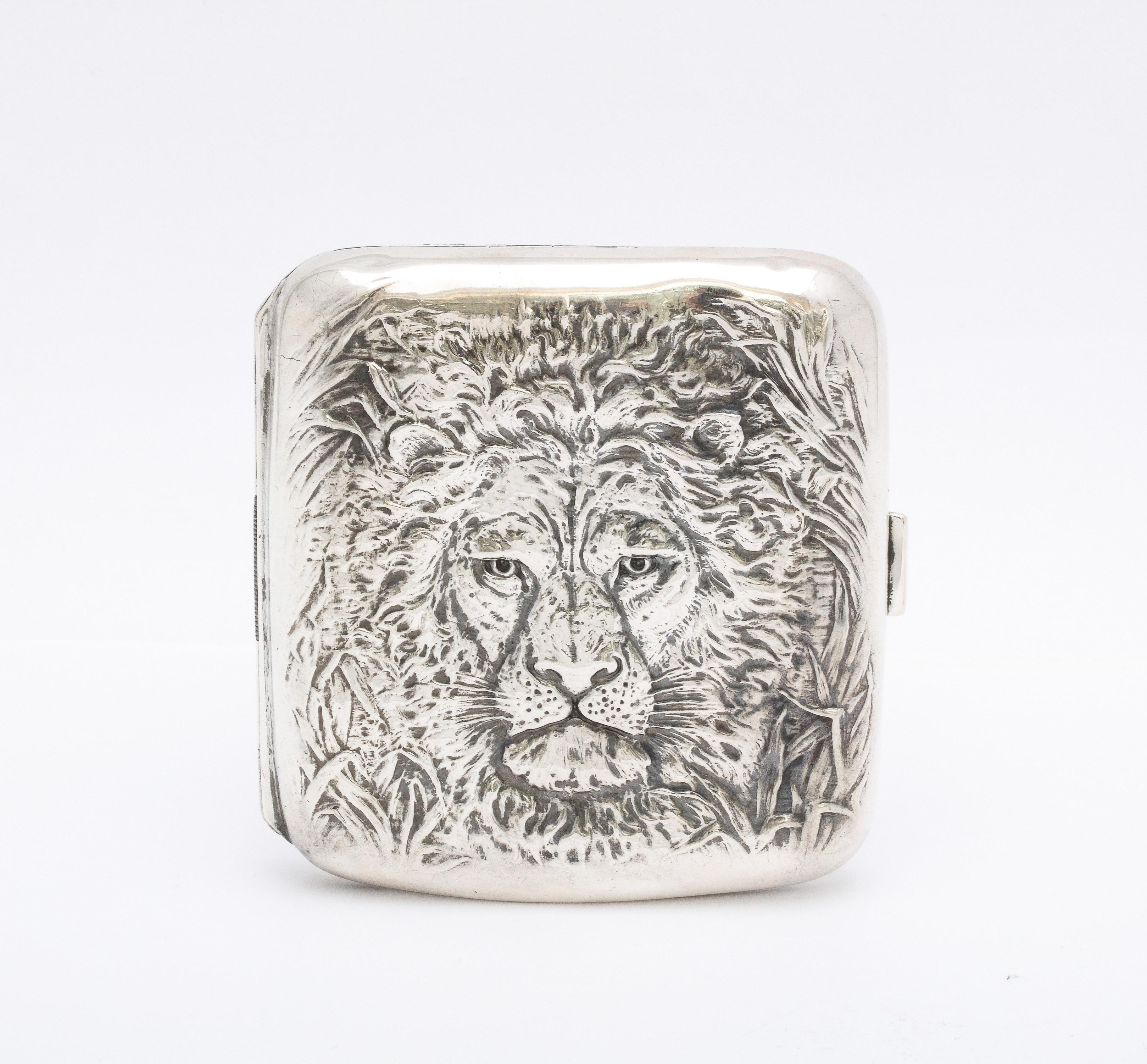 Art Nouveau Sterling Silver Lion's Head-Motif Cigarette Case and Matching Cutter