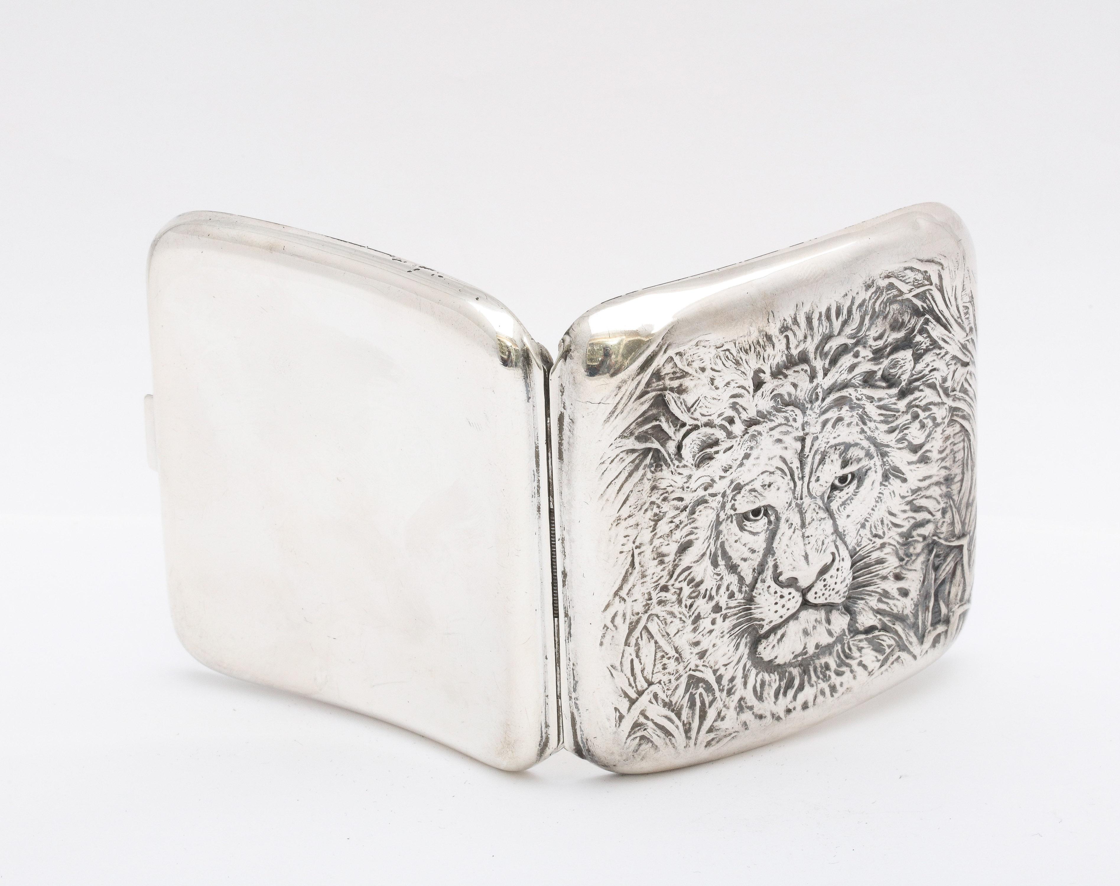 Sterling Silver Lion's Head-Motif Cigarette Case and Matching Cutter In Good Condition In New York, NY