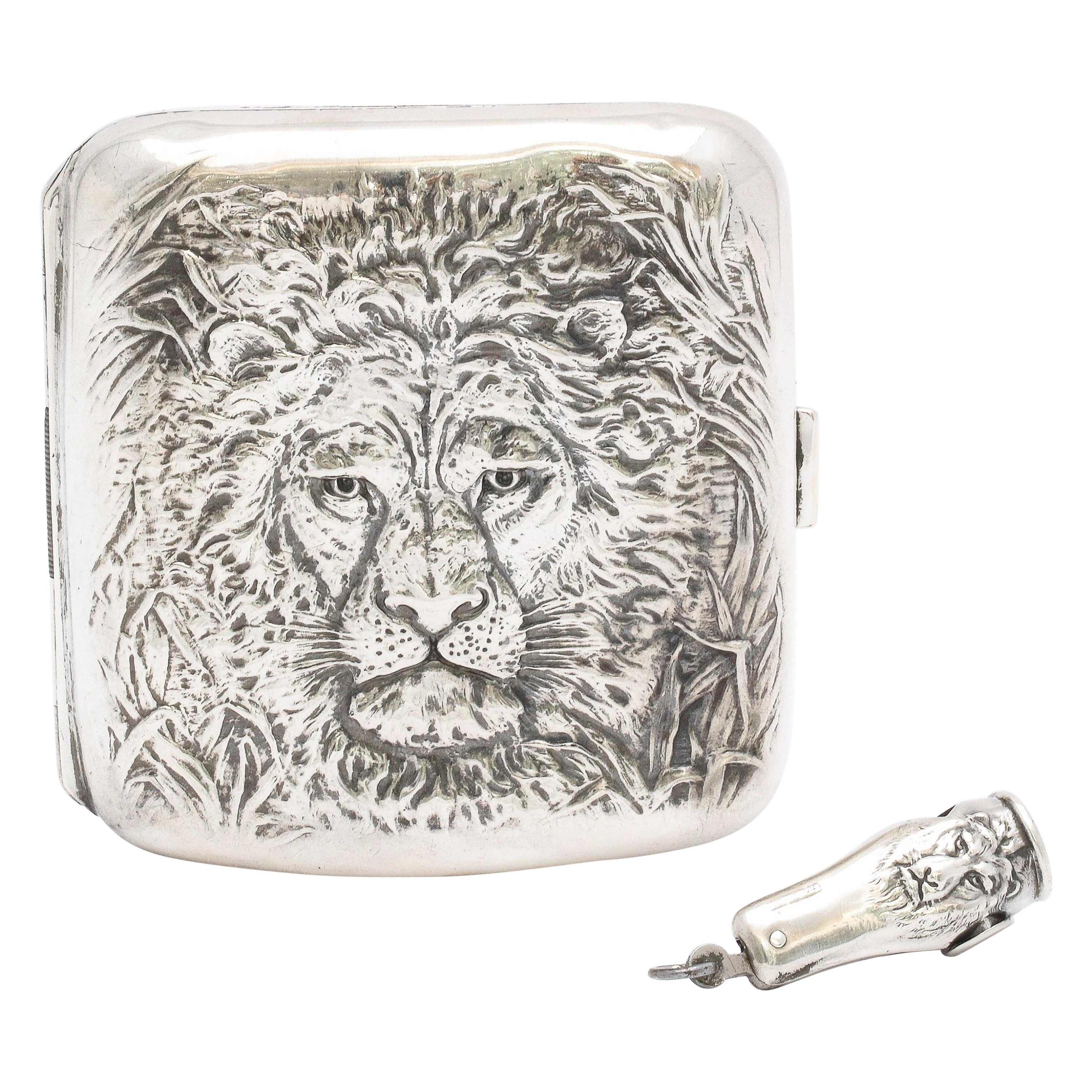 Sterling Silver Lion's Head-Motif Cigarette Case and Matching Cutter