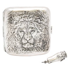 Sterling Silver Lion's Head-Motif Cigarette Case and Matching Cutter