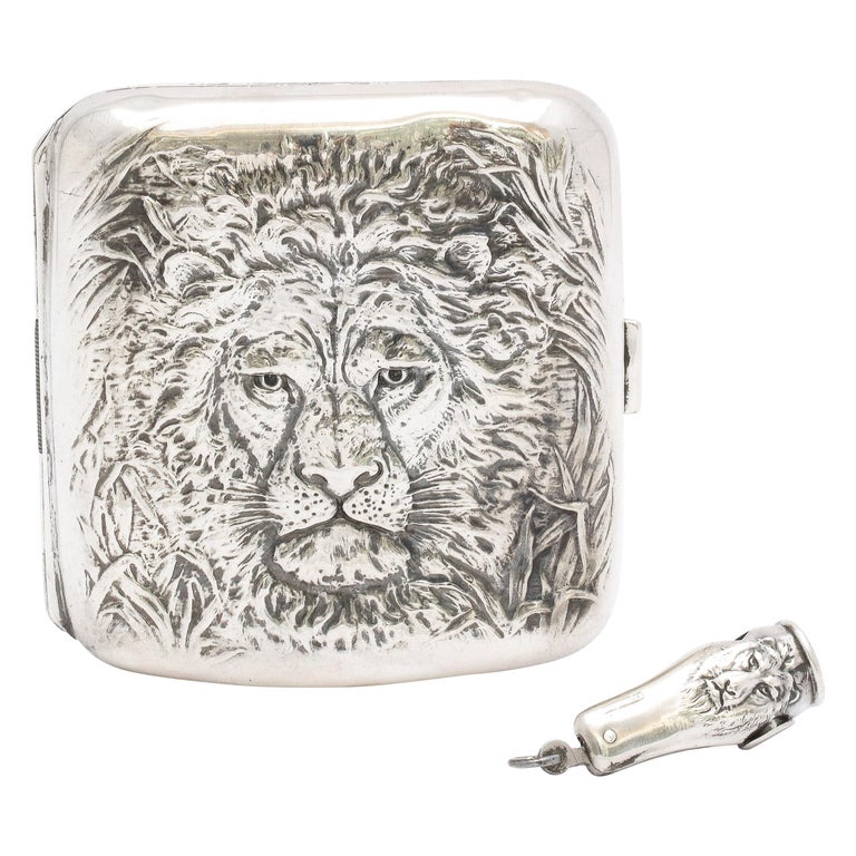 lion cigarette case Sterling Silver Lion's Head-Motif Cigarette Case and Matching Cutter at  1stDibs