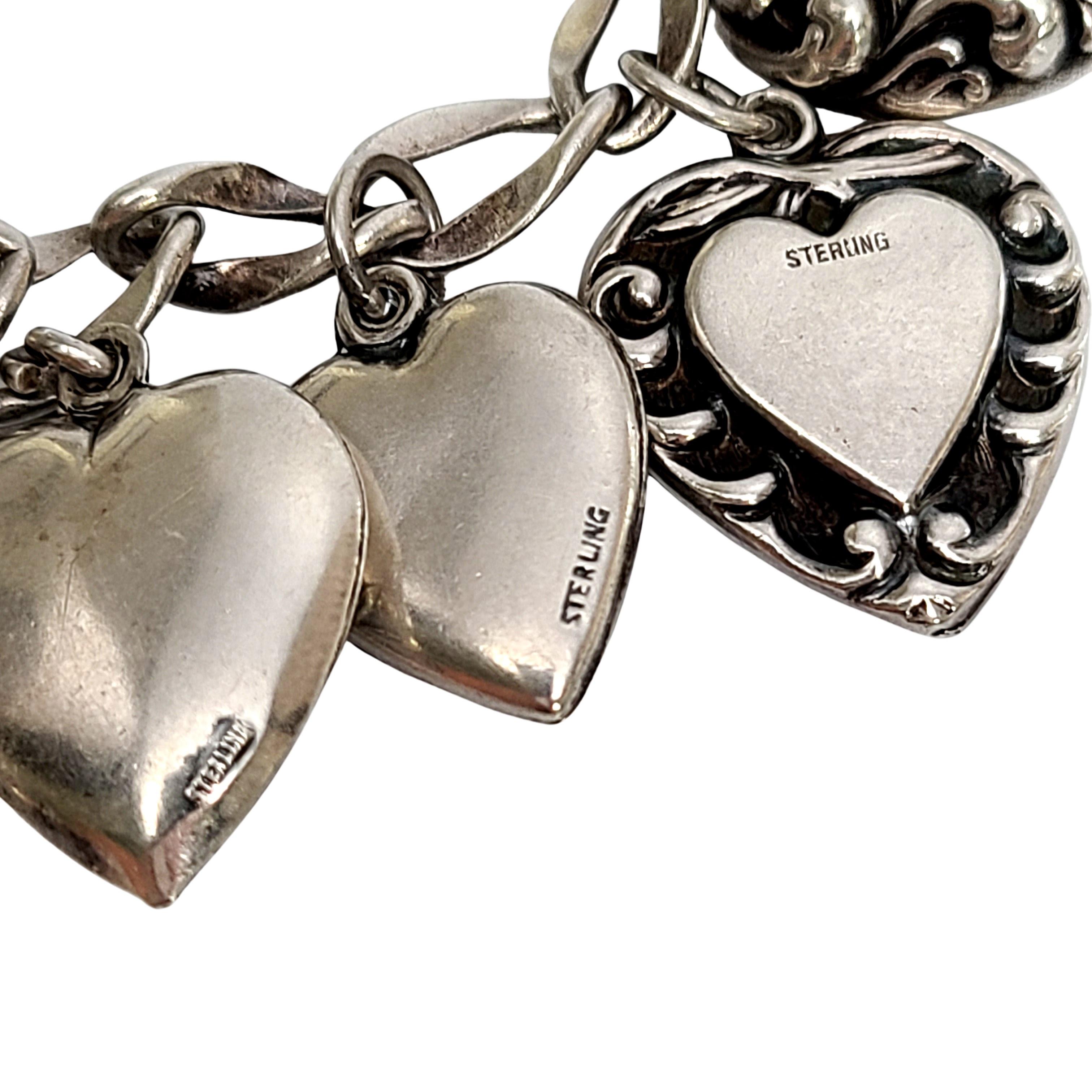 Sterling Silver Loaded Puffy Heart Charm Bracelet In Good Condition In Washington Depot, CT