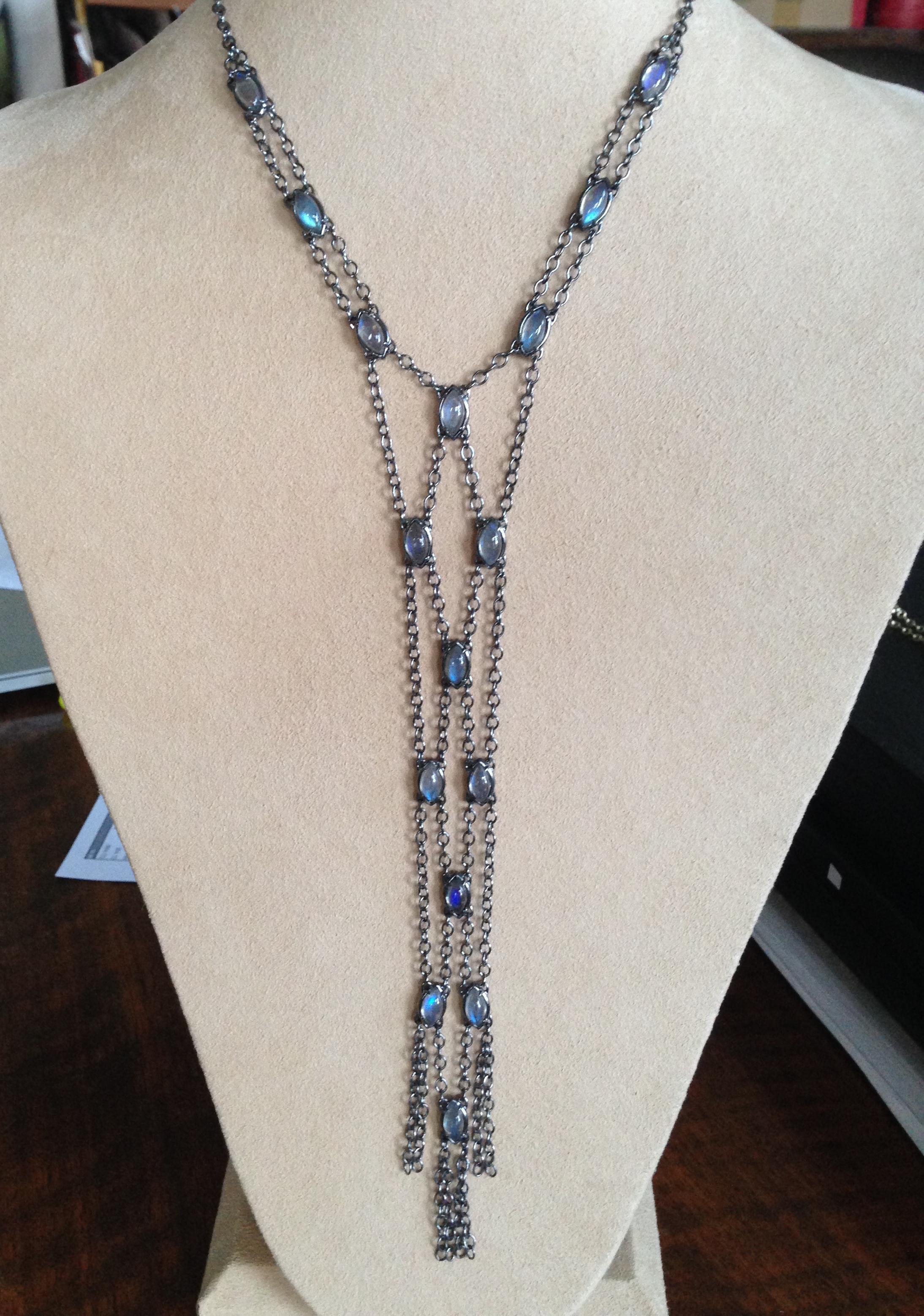 Sterling Silver Long Mesh Necklace with Moonstone Marquise Cabochons In New Condition For Sale In Weehawken, NJ