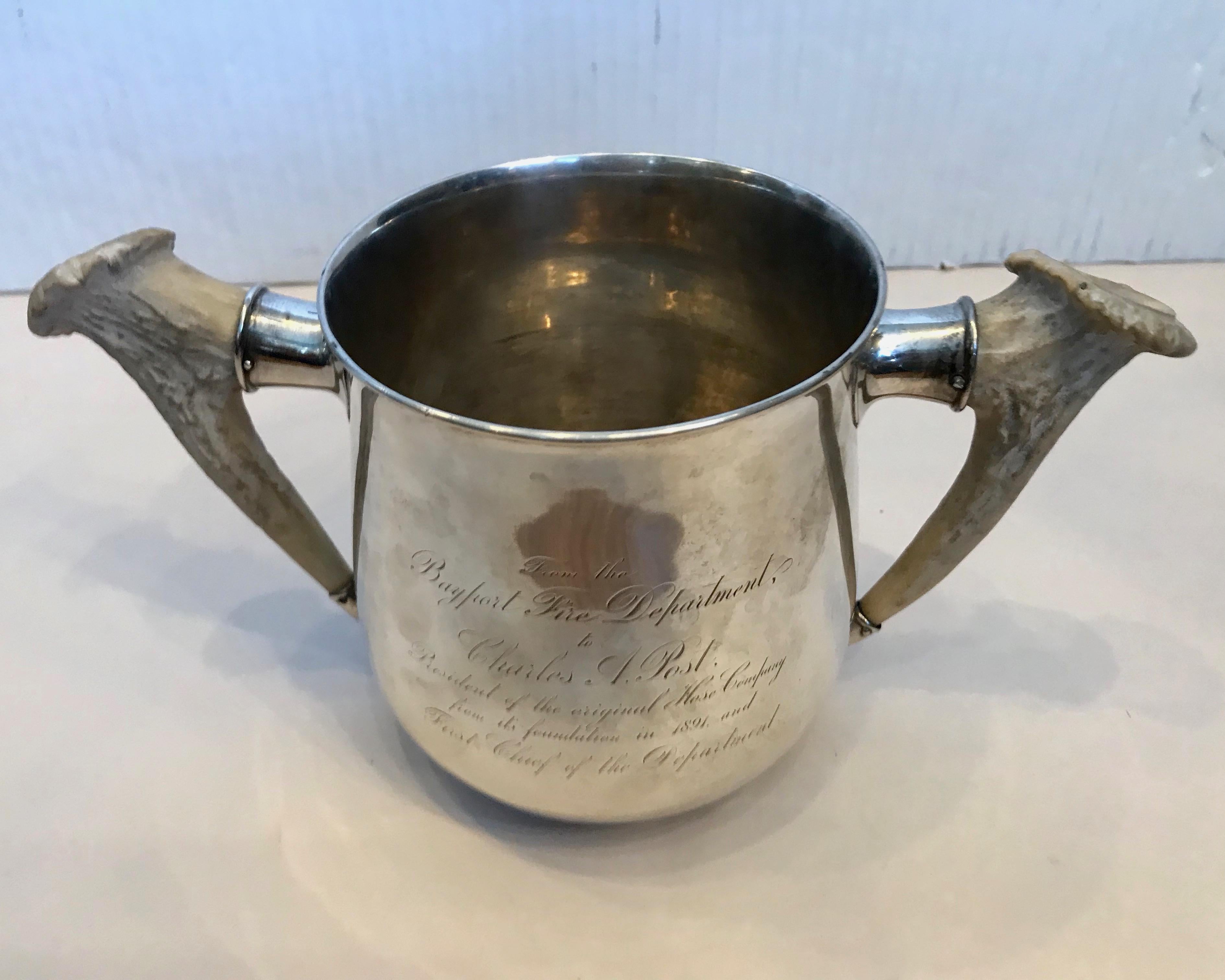 American Sterling Silver Loving Cup / Trophy With Pair Of Horn Handles For Sale
