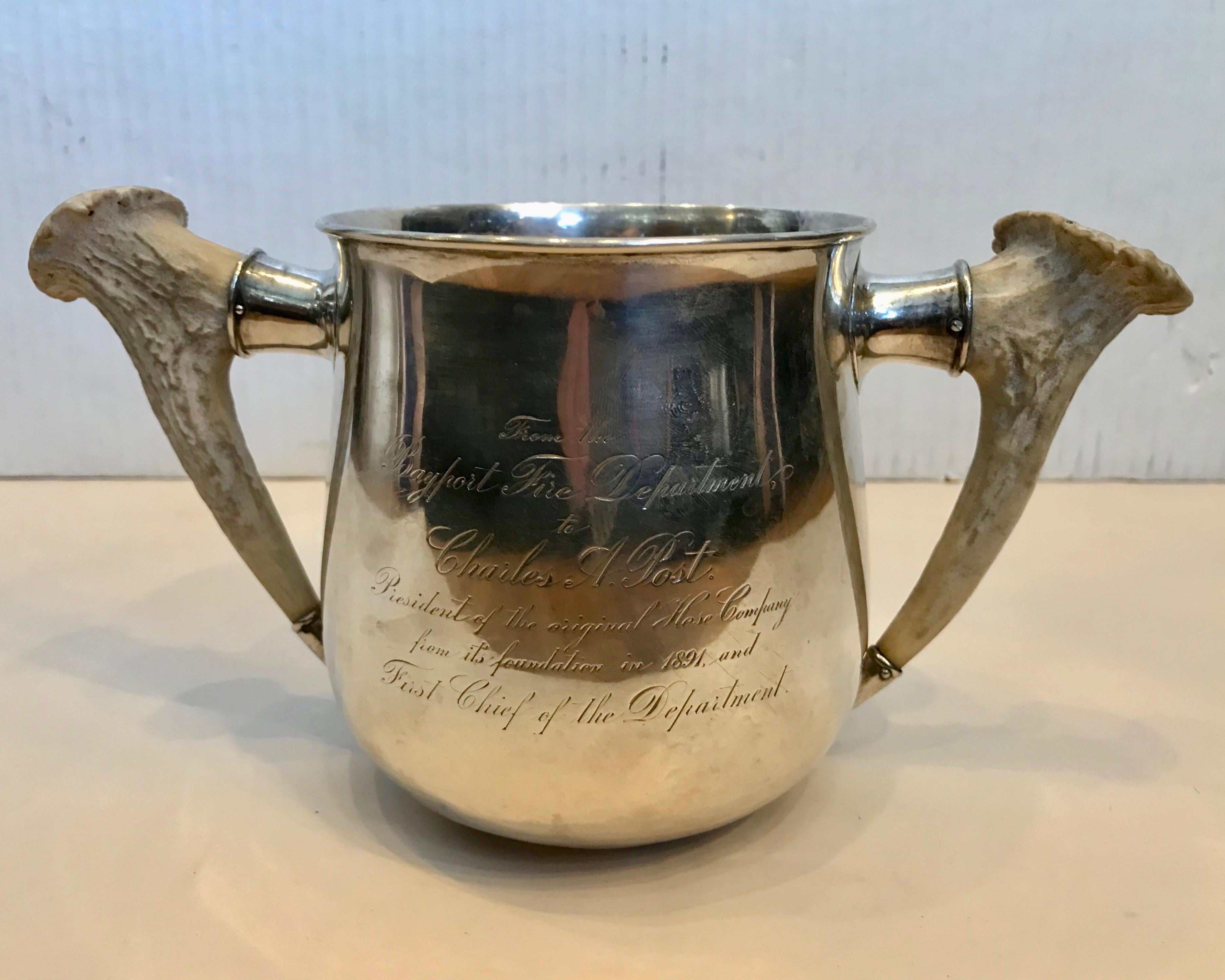 Sterling Silver Loving Cup / Trophy With Pair Of Horn Handles In Good Condition For Sale In West Palm Beach, FL