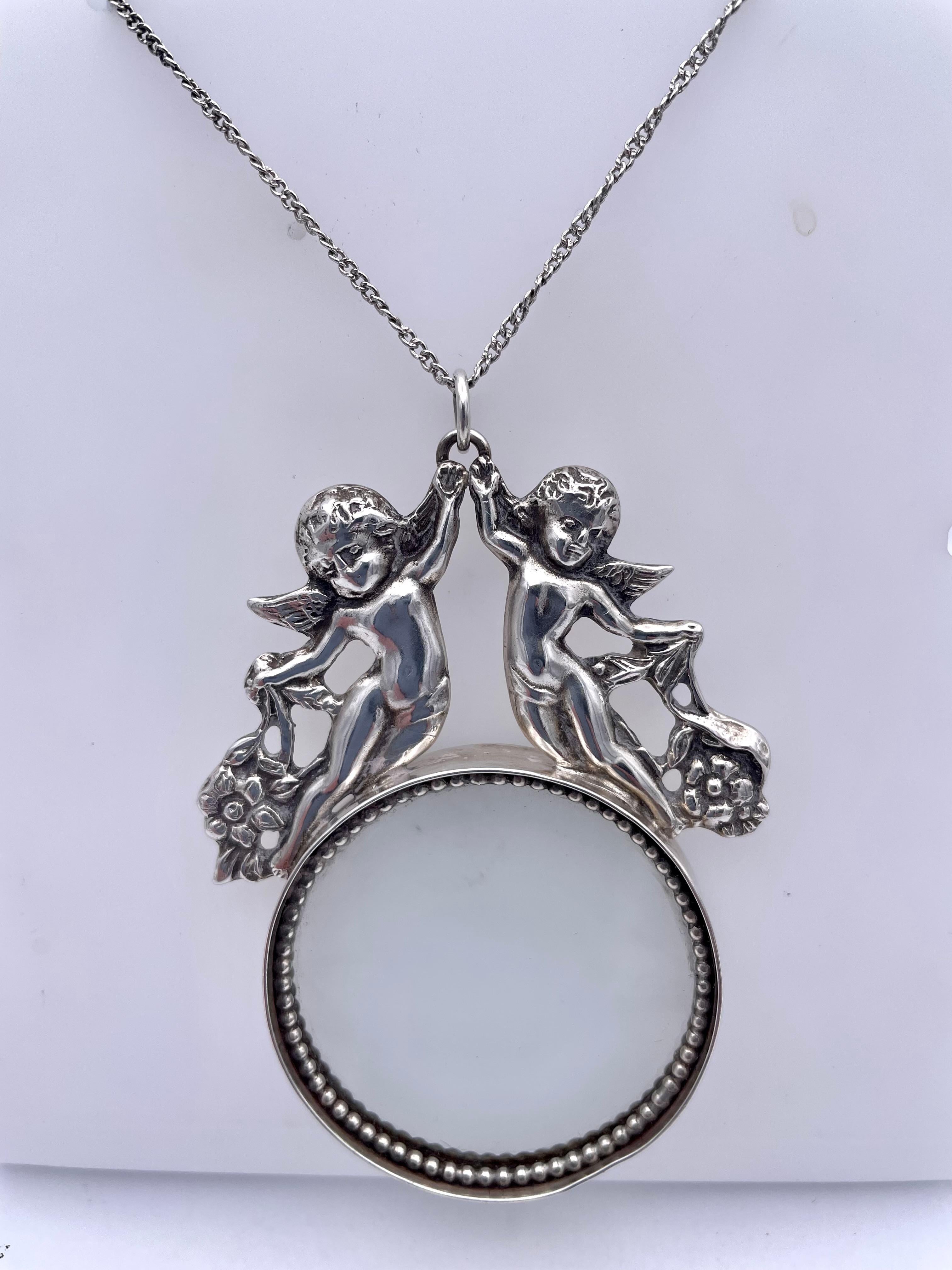 Women's or Men's Sterling Silver Magnifying Glass With Cupids