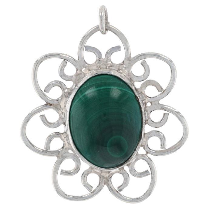 Sterling Silver Malachite Flower Solitaire Pendant - 925 Oval Cabochon For Sale