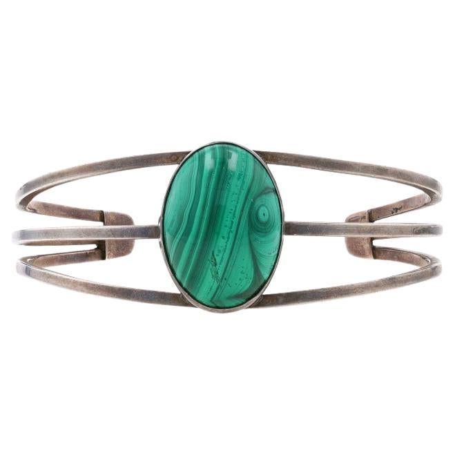 A Silver Malachite Southwestern Cuff Bracelet 6 3/4" - 925 Oval Cabochon en vente