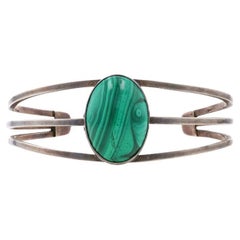 A Silver Malachite Southwestern Cuff Bracelet 6 3/4" - 925 Oval Cabochon