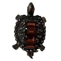 Sterling Silver Marcasite and Baguette Garnet Turtle Brooch