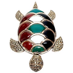 Sterling Silver Marcasite and Multi-Stone Turtle Pin/Pendant