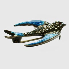 Sterling Silver Marcasite Blue Enamel Swallow Bird Brooch circa 1930s