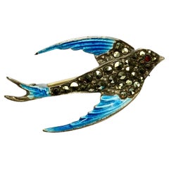 Sterling Silver Marcasite Blue Enamel Swallow Bird Brooch circa 1930s