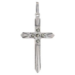 Sterling Silver Marcasite Etched Cross Pendant - 925 Faith