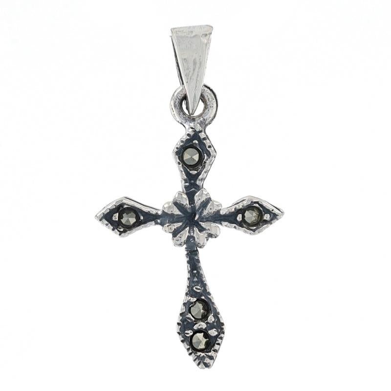Metal Content: 925 Sterling Silver

Stone Information

Natural Marcasites
Color: Grey

Theme: Floral Cross and Faith
Features: Milgrain Detailing

Measurements

Tall (from stationary bail): 7/8