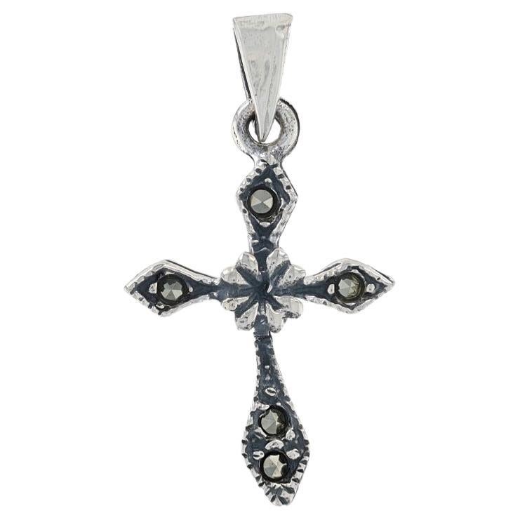 Sterling Silver Marcasite Floral Cross Pendant - 925 Faith Milgrain For Sale