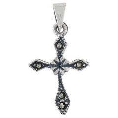 Sterling Silver Marcasite Floral Cross Pendant - 925 Faith Milgrain