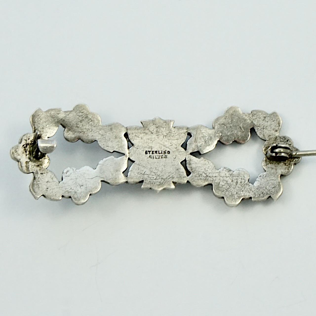 Sterling Silver Marcasite Red Paste Stone Flower and Leaf Bow Brooch circa 1930s For Sale 1