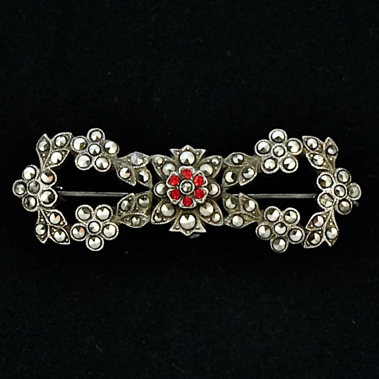 Sterling Silver Marcasite Red Paste Stone Flower and Leaf Bow Brooch circa 1930s For Sale 2