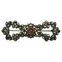 Retro Sterling Silver Marcasite Red Paste Stone Flower and Leaf Bow Brooch circa 1930s